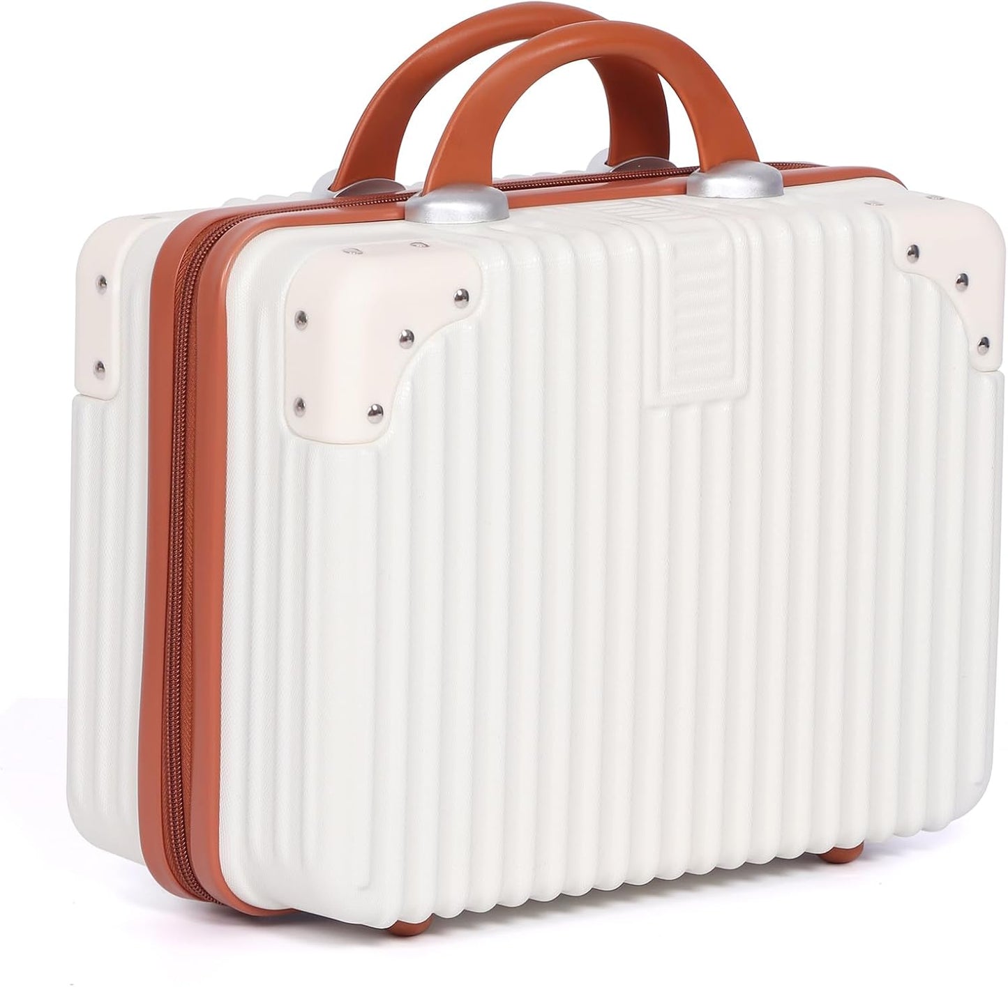Vanity Case, 14 Inch Hard Shell Makeup Travel Suitcase with Elastic Strap for Luggage Handle, Small Cosmetic Train Case & Toiletry Organizer Box for Women Girls (Beige)