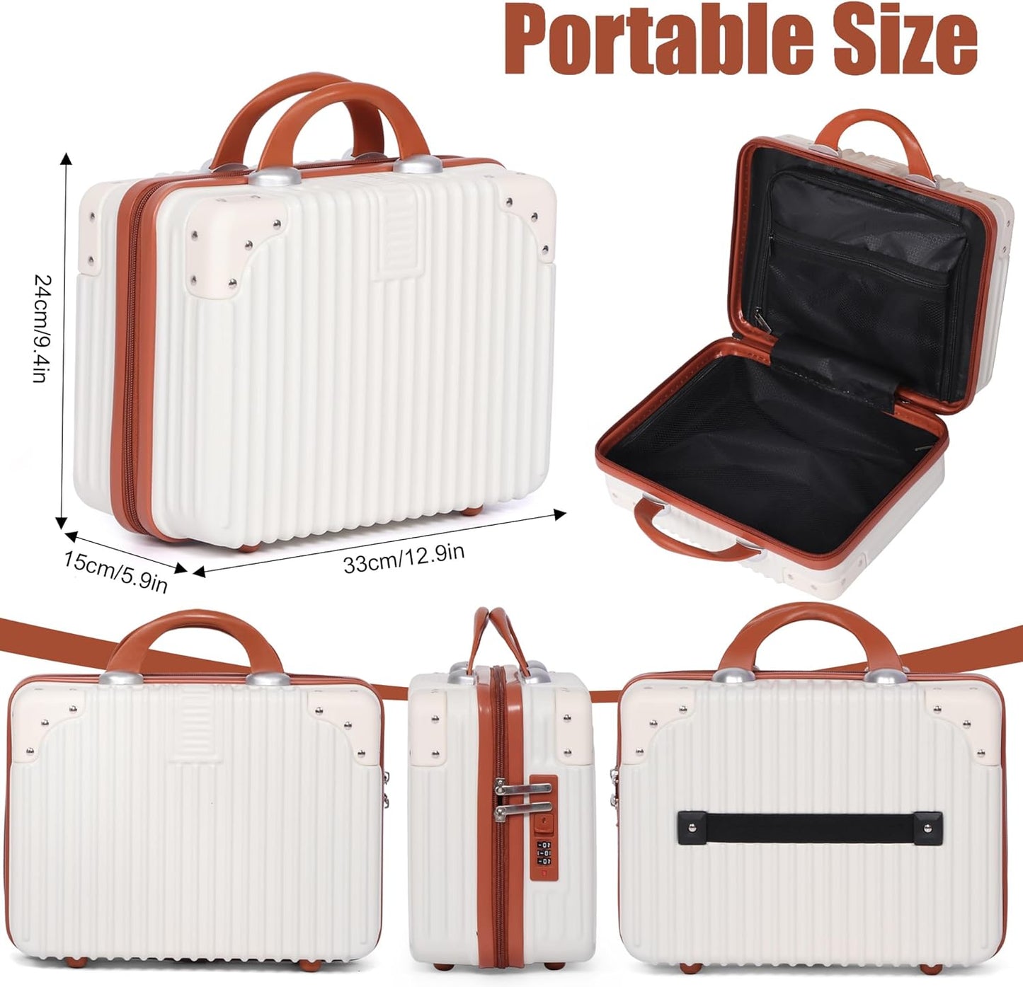 Vanity Case, 14 Inch Hard Shell Makeup Travel Suitcase with Elastic Strap for Luggage Handle, Small Cosmetic Train Case & Toiletry Organizer Box for Women Girls (Beige)