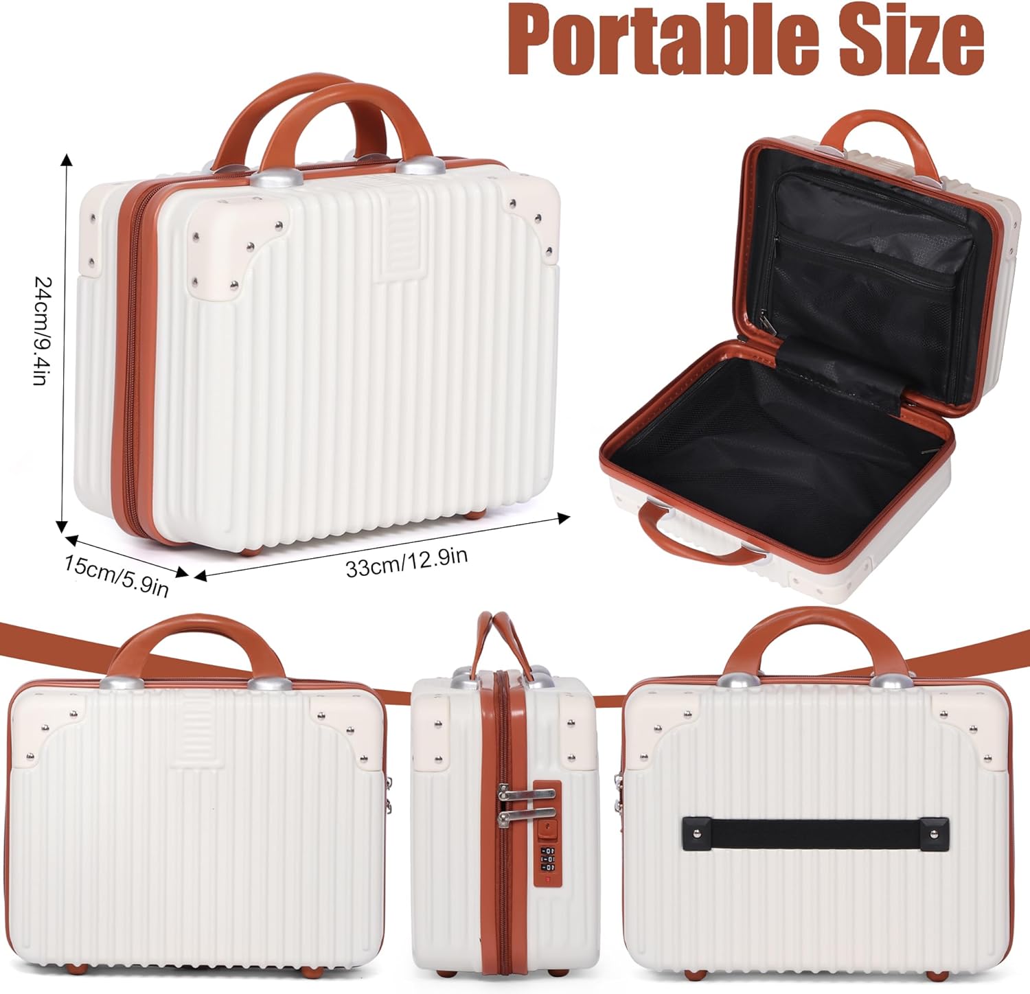 Vanity Case, 14 Inch Hard Shell Makeup Travel Suitcase with Elastic Strap for Luggage Handle, Small Cosmetic Train Case & Toiletry Organizer Box for Women Girls (Beige)