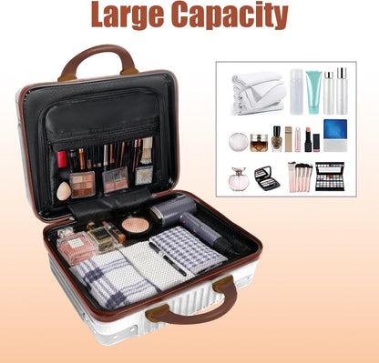 Vanity Case, 14 Inch Hard Shell Makeup Travel Suitcase with Elastic Strap for Luggage Handle, Small Cosmetic Train Case & Toiletry Organizer Box for Women Girls (Beige)