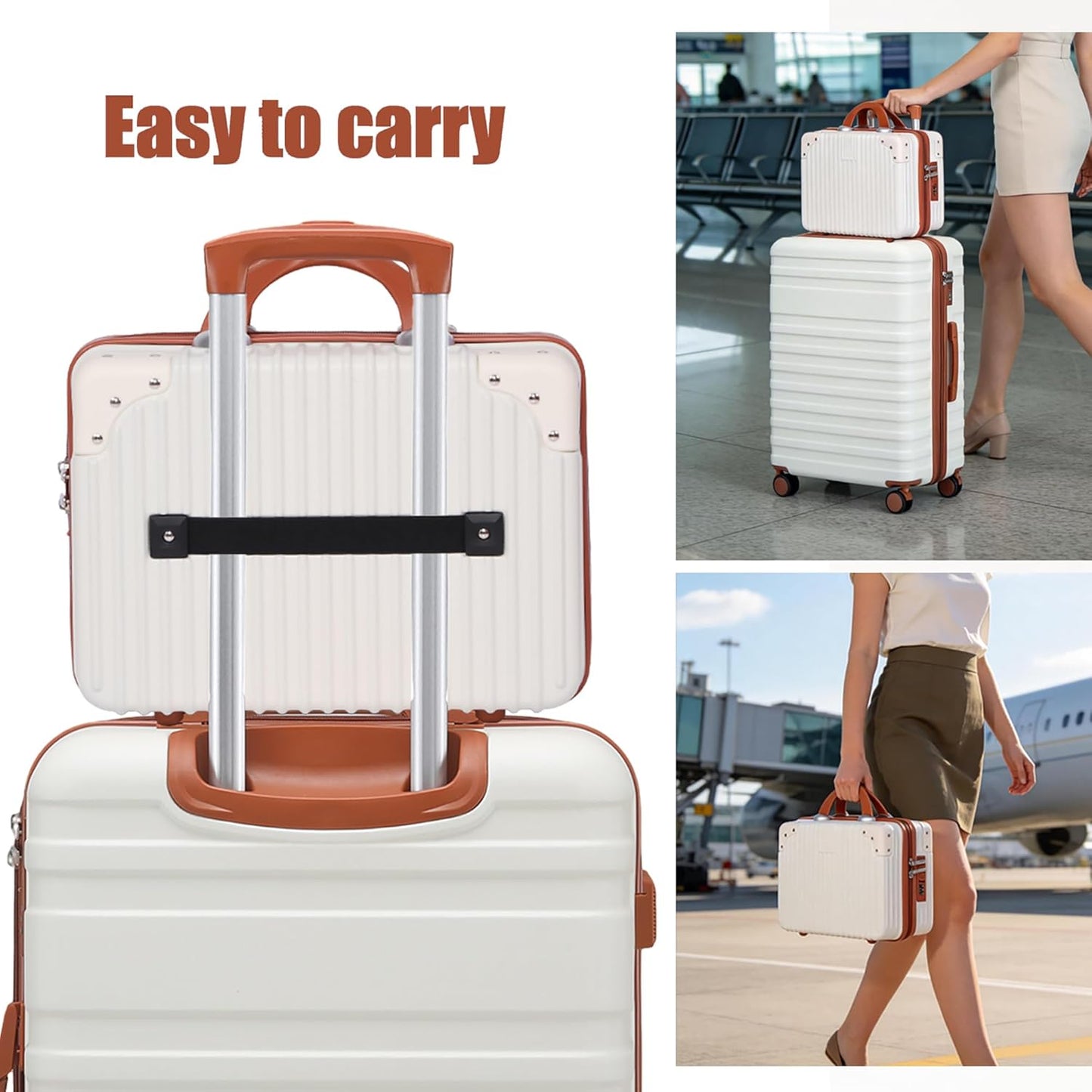 Vanity Case, 14 Inch Hard Shell Makeup Travel Suitcase with Elastic Strap for Luggage Handle, Small Cosmetic Train Case & Toiletry Organizer Box for Women Girls (Beige)