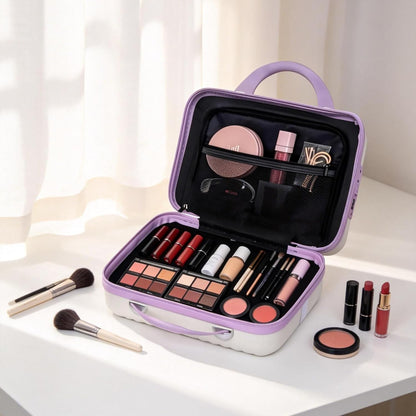 14 Inch Makeup Train Case Portable Hard Shell ABS Cosmetic Travel Case with Security Lock Large Toiletry Organizer Box with Elastic Strap for Suitcase Handle Travel Essentials Gift for Women