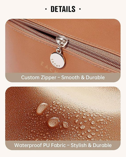EACHY Travel Makeup Bag, Large Capacity Cosmetic Bag for Women, Waterproof PU Leather, Flat Open Portable Toiletry Bag for Skincare, Brushes & Travel Essentials
