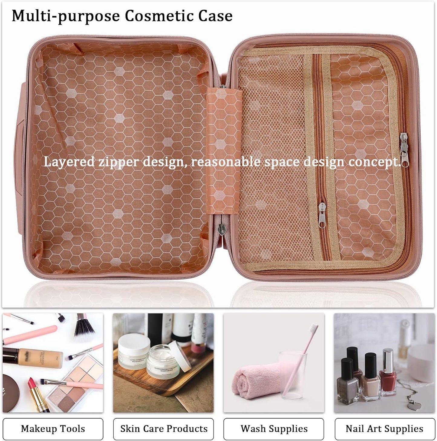 BSTKEY Portable Hard Shell Cosmetic Travel Case, Small Travel Hand Luggage with Elastic Band, Mini ABS Carrying Makeup Case Suitcase, Rose Gold