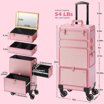 Somduy Makeup Train Case with LED Mirror, Rolling Makeup Case with Drawers, Cosmetology Case on Wheels, Gift, Travel Makeup Organizers, Profesional Cosmetic Case for Salon Barber,Nail,Tattoo, Pink