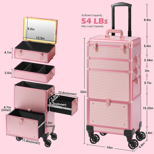 Somduy Rolling Makeup Train Case with LED Mirror & Drawers – Pink