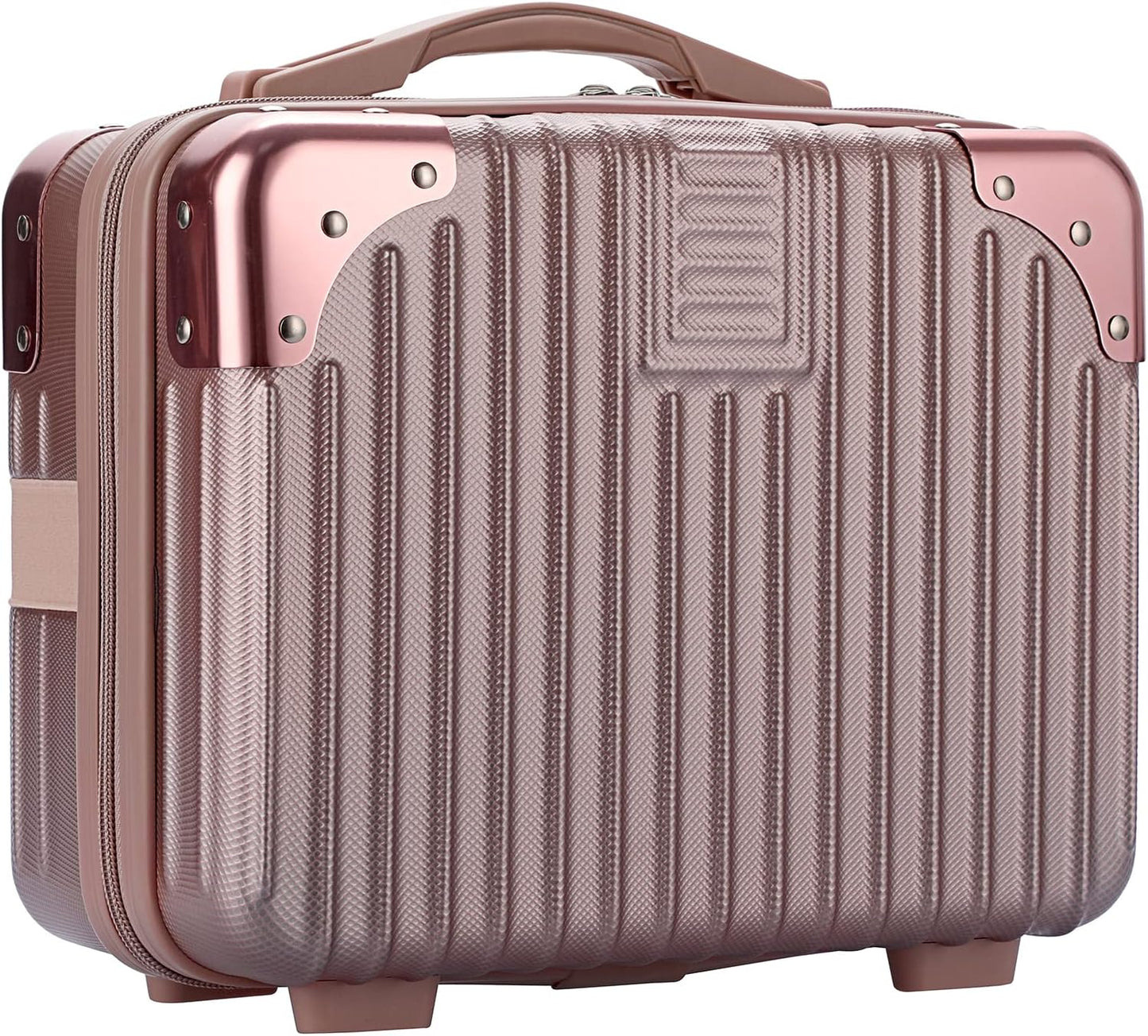 BSTKEY Portable Hard Shell Cosmetic Travel Case, Small Travel Hand Luggage with Elastic Band, Mini ABS Carrying Makeup Case Suitcase, Rose Gold