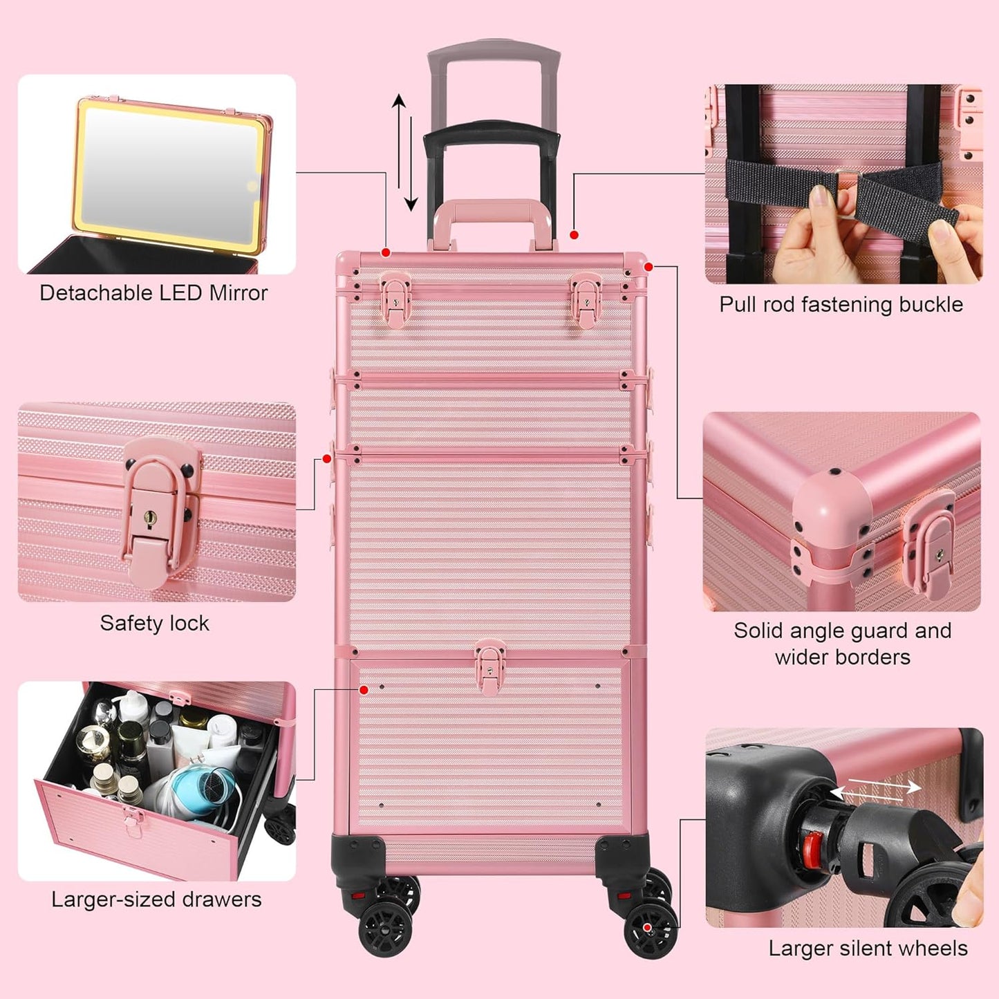 Somduy Makeup Train Case with LED Mirror, Rolling Makeup Case with Drawers, Cosmetology Case on Wheels, Gift, Travel Makeup Organizers, Profesional Cosmetic Case for Salon Barber,Nail,Tattoo, Pink