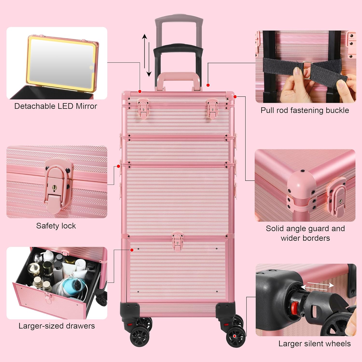 Somduy Makeup Train Case with LED Mirror, Rolling Makeup Case with Drawers, Cosmetology Case on Wheels, Gift, Travel Makeup Organizers, Profesional Cosmetic Case for Salon Barber,Nail,Tattoo, Pink