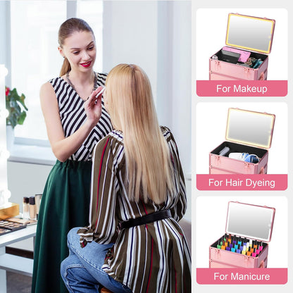 Somduy Makeup Train Case with LED Mirror, Rolling Makeup Case with Drawers, Cosmetology Case on Wheels, Gift, Travel Makeup Organizers, Profesional Cosmetic Case for Salon Barber,Nail,Tattoo, Pink