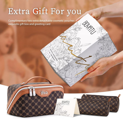 BOYATU Travel Makeup Bag Cosmetic Bags for Women: 3 Pcs Set Large Portable Make up Bag with Handle - Vegan Leather Toiletry Bags with Compartments - Makeup Organizer for Travel Essentials(A-1-Coffee)
