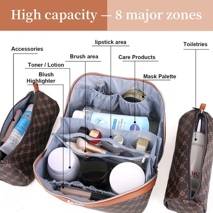 BOYATU Travel Makeup Bag Cosmetic Bags for Women: 3 Pcs Set Large Portable Make up Bag with Handle - Vegan Leather Toiletry Bags with Compartments - Makeup Organizer for Travel Essentials(A-1-Coffee)