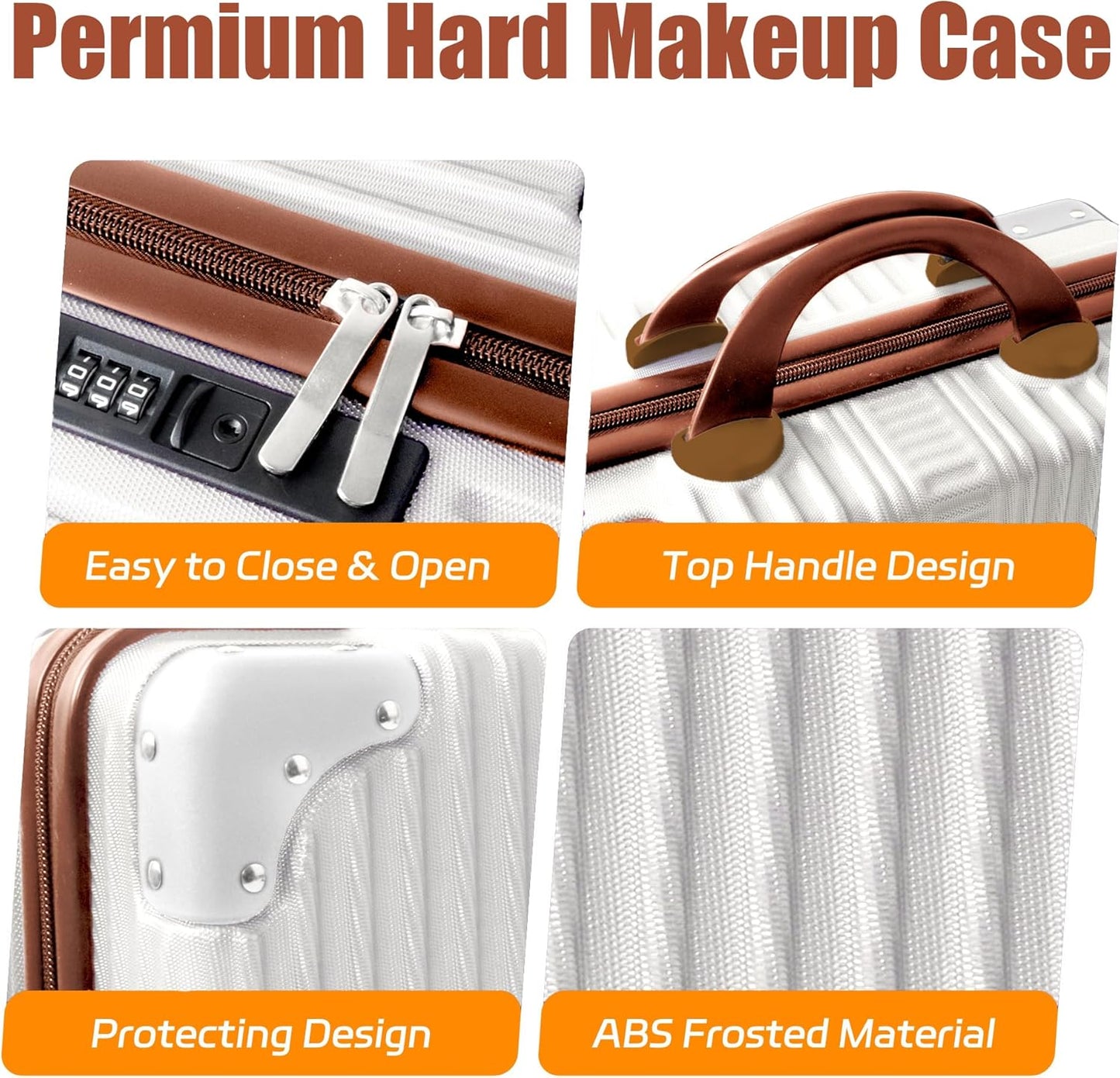 Vanity Case, 14 Inch Hard Shell Makeup Travel Suitcase with Elastic Strap for Luggage Handle, Small Cosmetic Train Case & Toiletry Organizer Box for Women Girls (Beige)