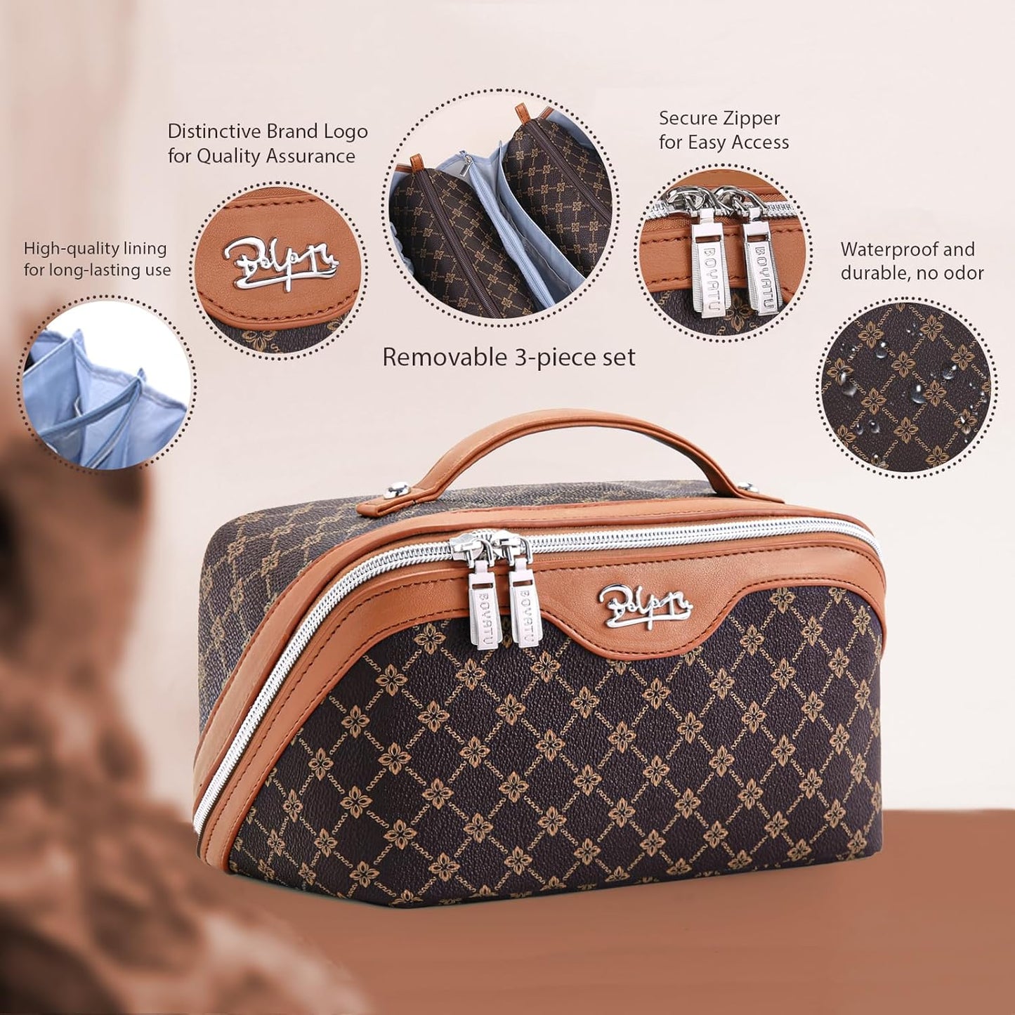 BOYATU Travel Makeup Bag Cosmetic Bags for Women: 3 Pcs Set Large Portable Make up Bag with Handle - Vegan Leather Toiletry Bags with Compartments - Makeup Organizer for Travel Essentials(A-1-Coffee)