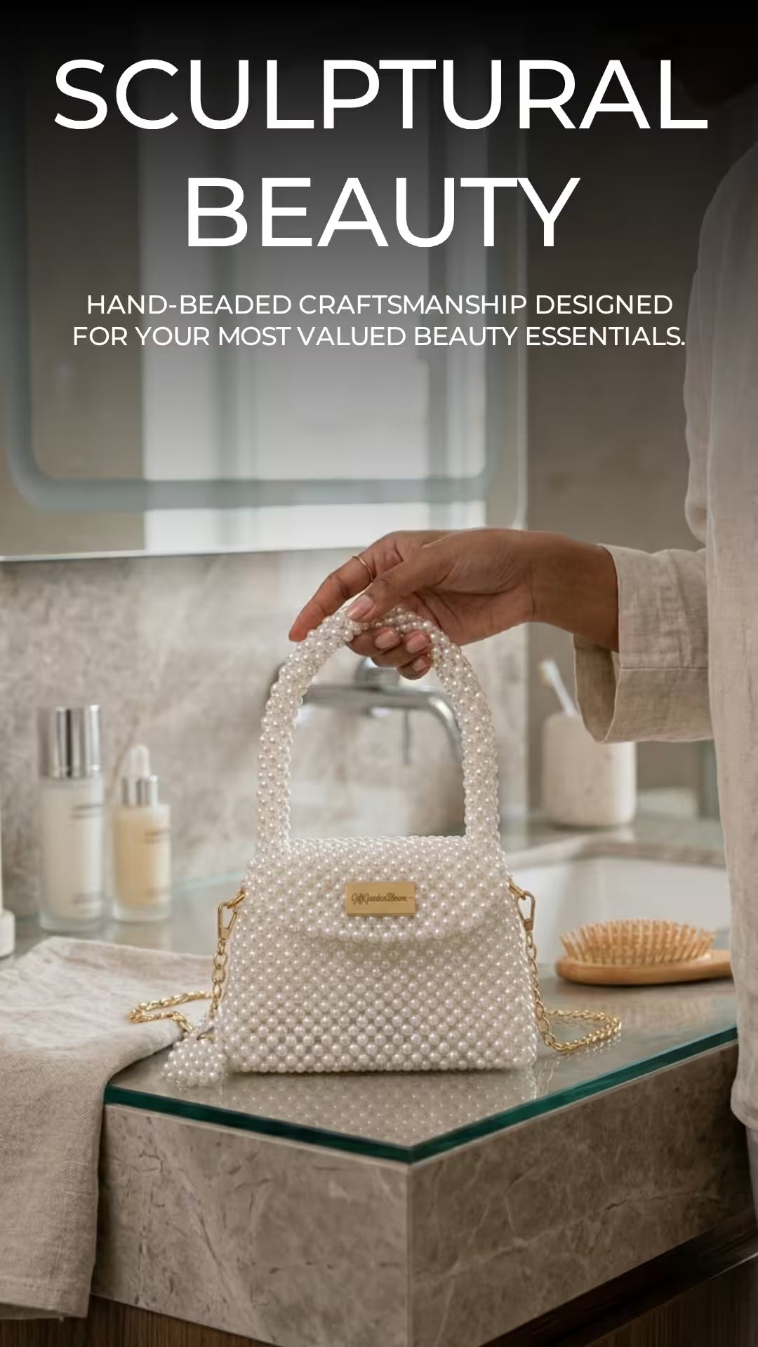 Hand Made White Pearl Handbag & Crossbody Bag with Gold Chain