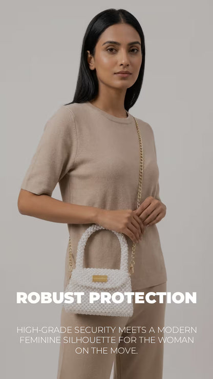 Hand Made White Pearl Handbag & Crossbody Bag with Gold Chain