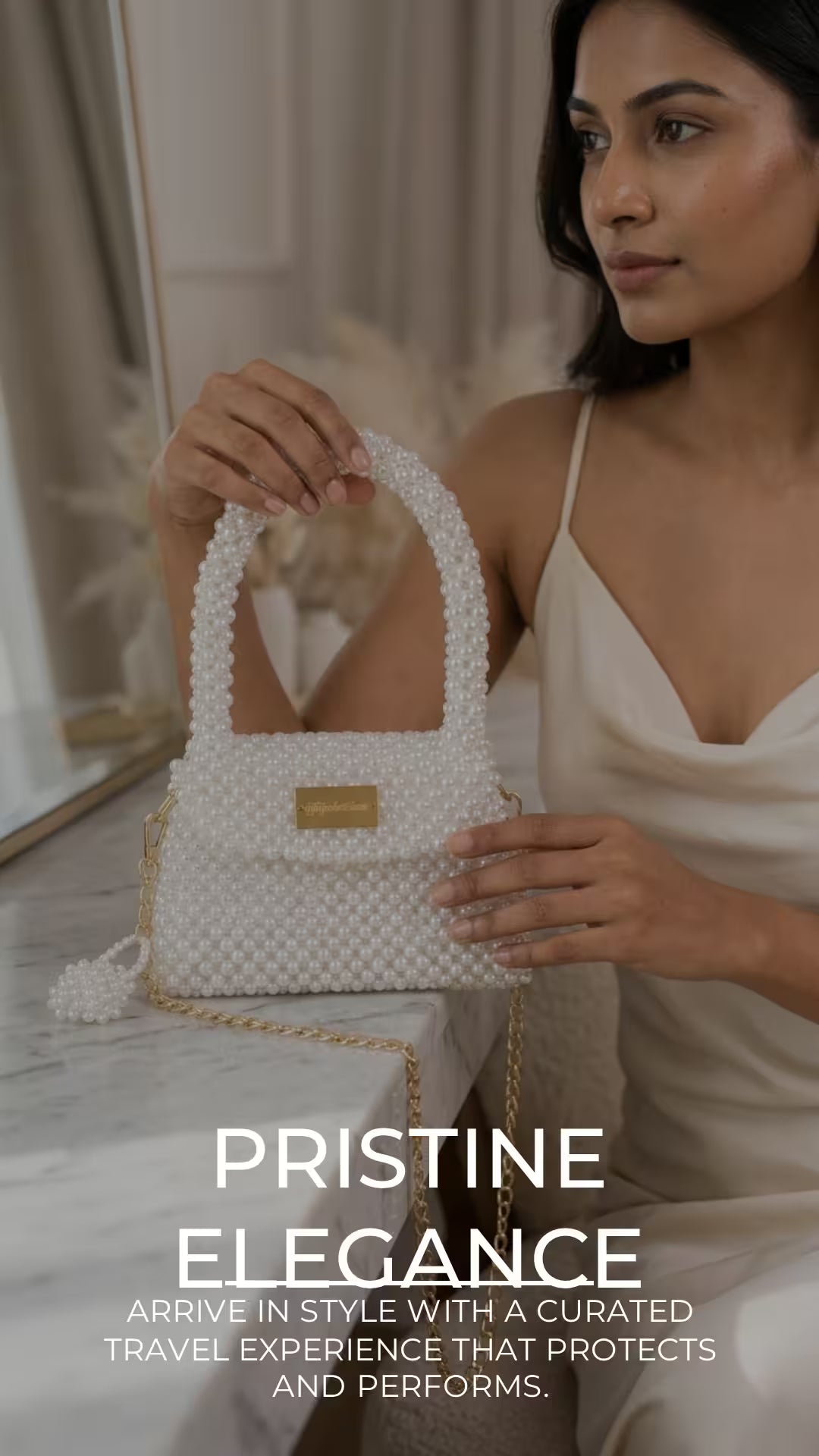 Hand Made White Pearl Handbag & Crossbody Bag with Gold Chain