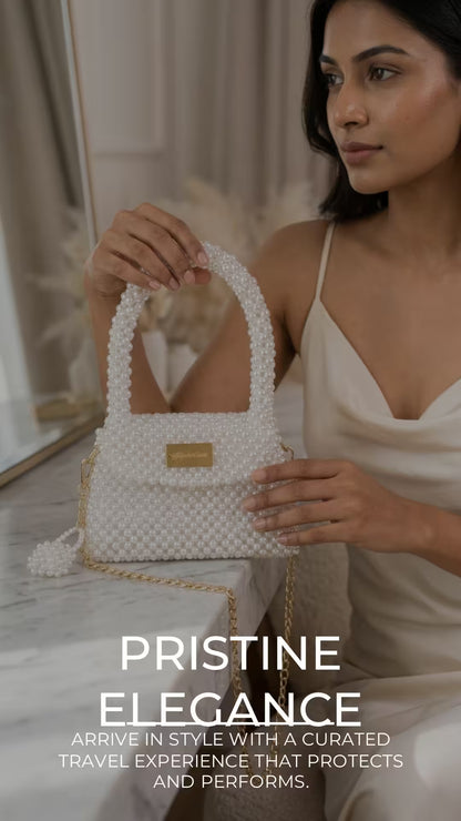 Hand Made White Pearl Handbag & Crossbody Bag with Gold Chain
