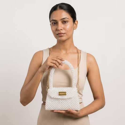 Hand Made White Pearl Handbag & Crossbody Bag with Gold Chain