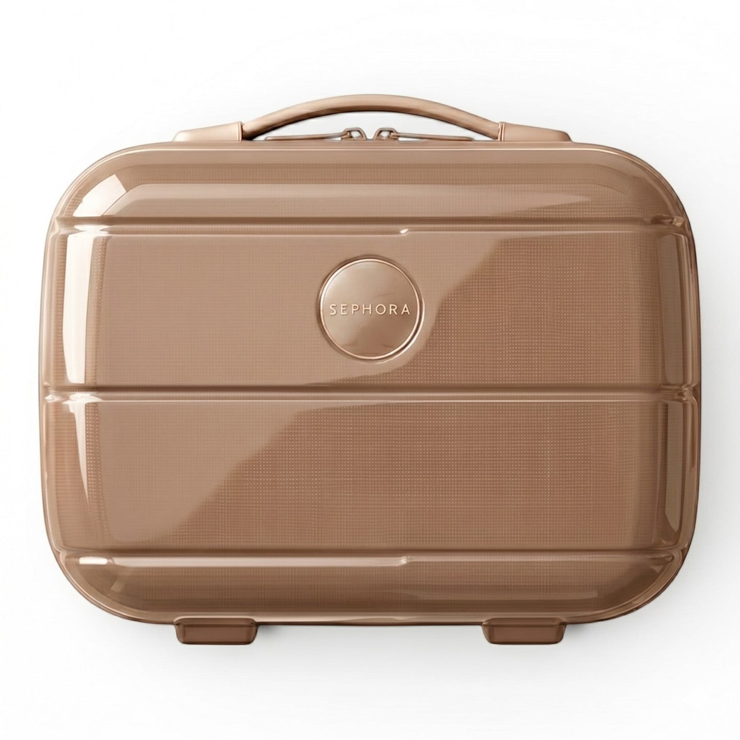 Shopistan Sephora 14-inch champagne beige hard-shell ABS plastic vanity case with top handle and embossed logo.