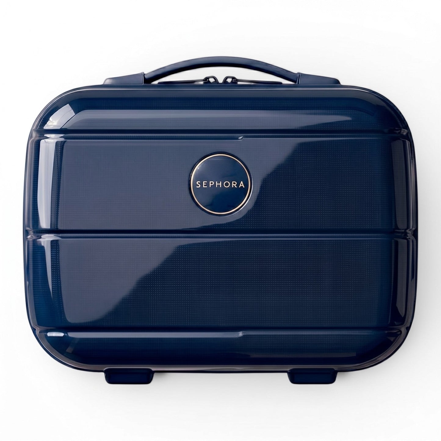 Shopistan Sephora 14-inch midnight blue hard-shell ABS plastic travel vanity case with top handle and logo.